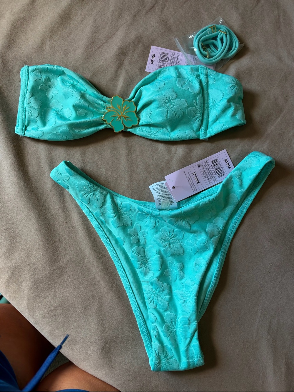 wild fable Aqua Floral Embossed Bandeau Bikini with Gold Flower Accent